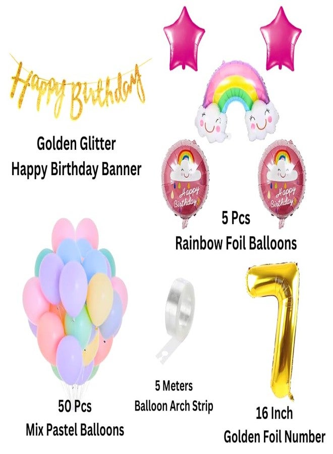 Flyloons Paper, Latex Rainbow Theme 7th Birthday Decorations Kit Girls Boys Kids For 7 Year With Number Rainbow Star Pink Purple Yellow Blue Green Pastel Balloons Happy Birthday Gold Banner, 58 Pcs - Image 2